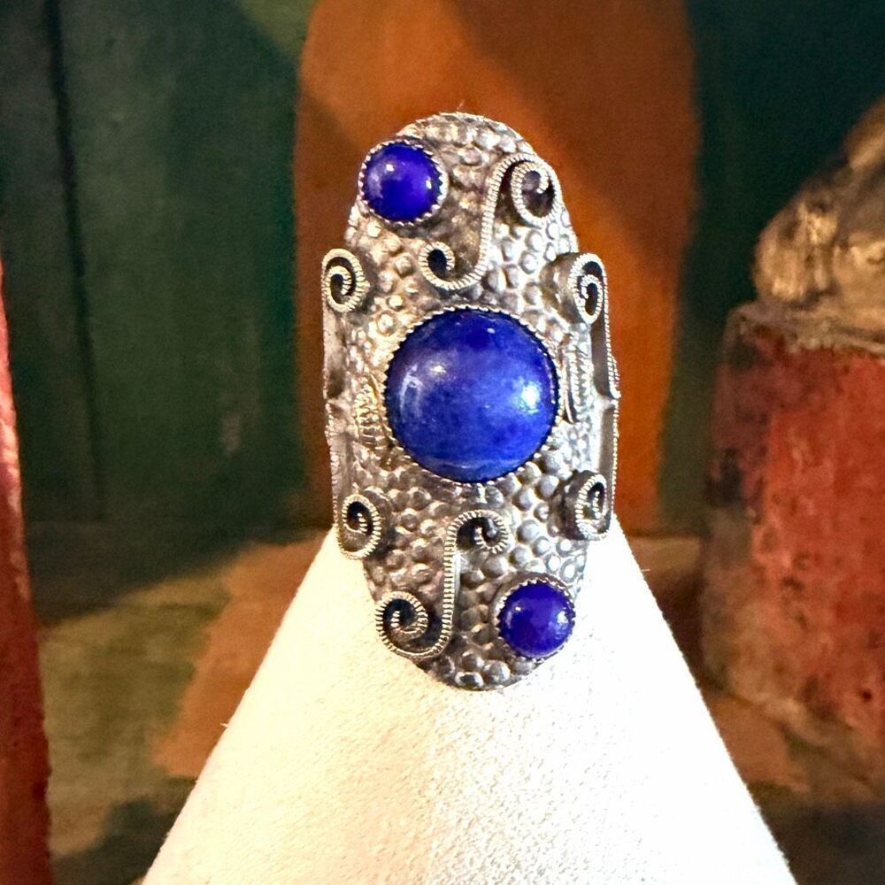 NEMCO Sculptural Silver Tone Statement Ring with Blue Cabochons
